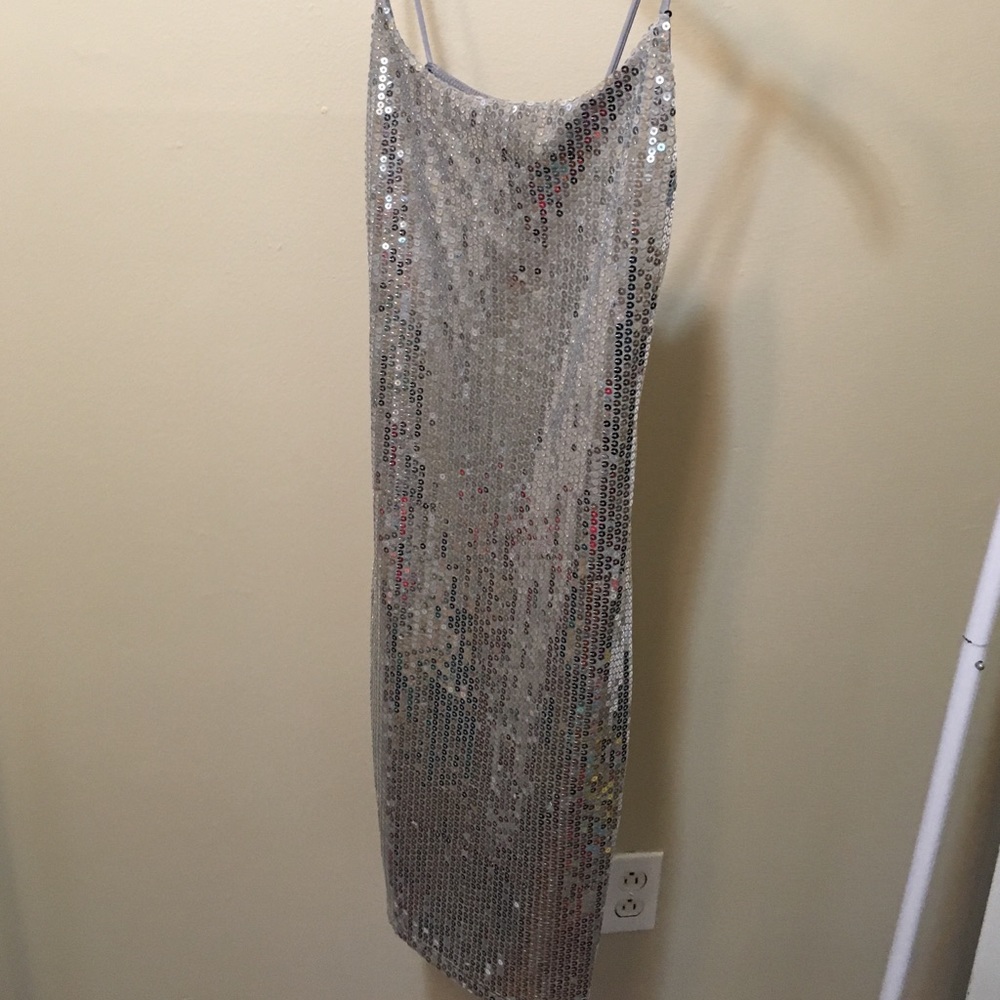 Silver sequin slip dress